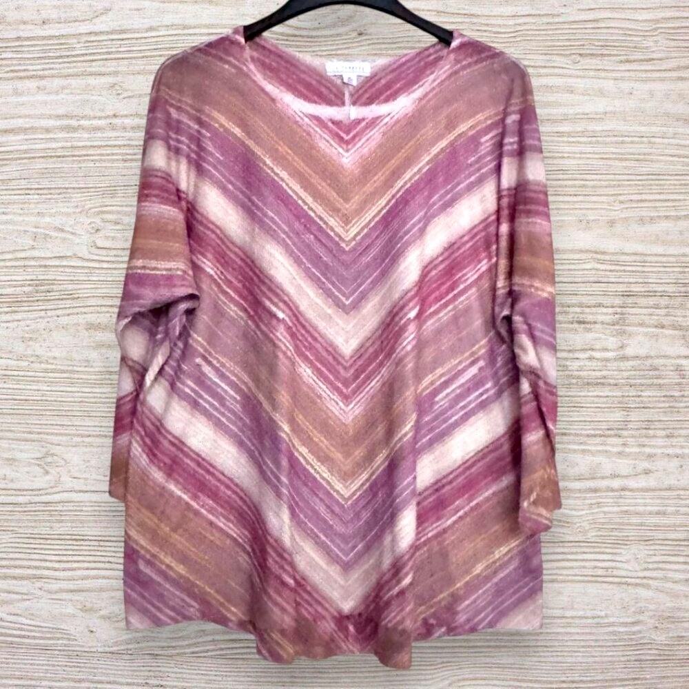 LA THREADS Pink Tan Chevron Stripe Dolman Sleeve Knit Lightweight Tunic Top 1X